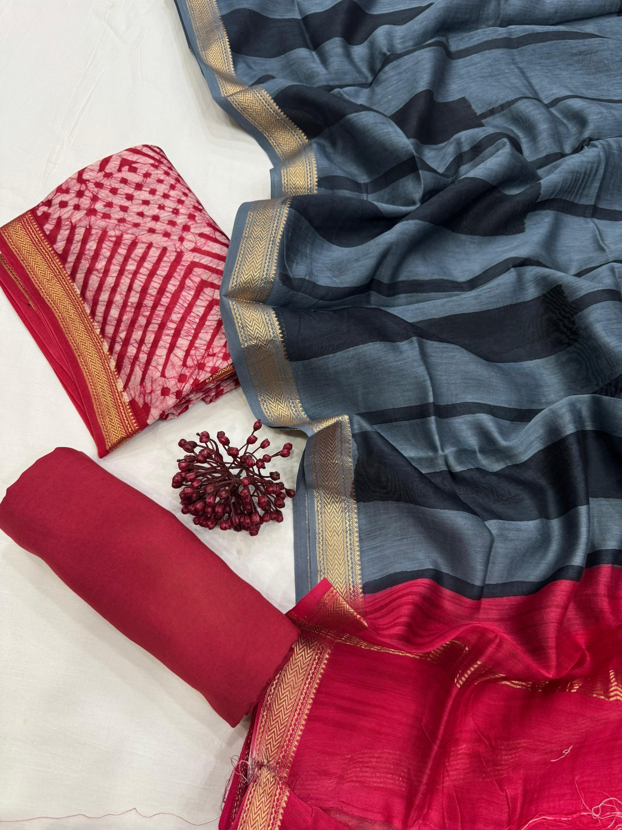 Maheshwari Silk Red Checks Dress Material for designer ethnic wear collections – Fabtexs